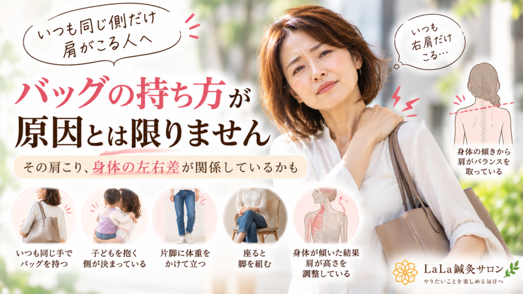 いつも同じ側だけ肩がこる人へ｜バッグより先に確認したい身体の左右差｜LaLa鍼灸サロン