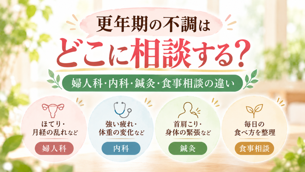 更年期の不調はどこに相談する？婦人科・内科・鍼灸・食事相談の違い｜相談先を4つの円で示したイラスト