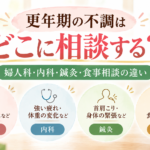 更年期の不調はどこに相談する？婦人科・内科・鍼灸・食事相談の違い｜相談先を4つの円で示したイラスト