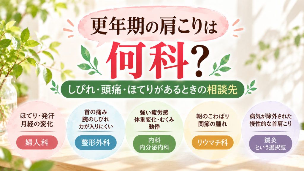 更年期の肩こりは何科？しびれ・頭痛・ほてりがあるときの相談先｜症状別の相談先を5つの円で示したイラスト