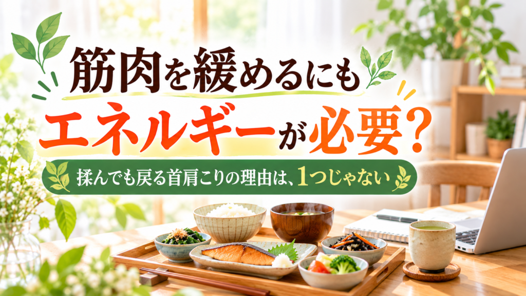 筋肉を緩めるにもエネルギーが必要？肩こりと体のエネルギーの関係｜和定食とデスクのイラスト