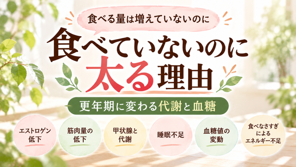 食べる量は増えていないのに太る理由|更年期に変わる代謝と血糖。エストロゲン低下・筋肉量の低下・甲状腺・睡眠不足・血糖値の変動・エネルギー不足の6つ