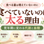 食べる量は増えていないのに太る理由｜更年期に変わる代謝と血糖。エストロゲン低下・筋肉量の低下・甲状腺・睡眠不足・血糖値の変動・エネルギー不足の6つ